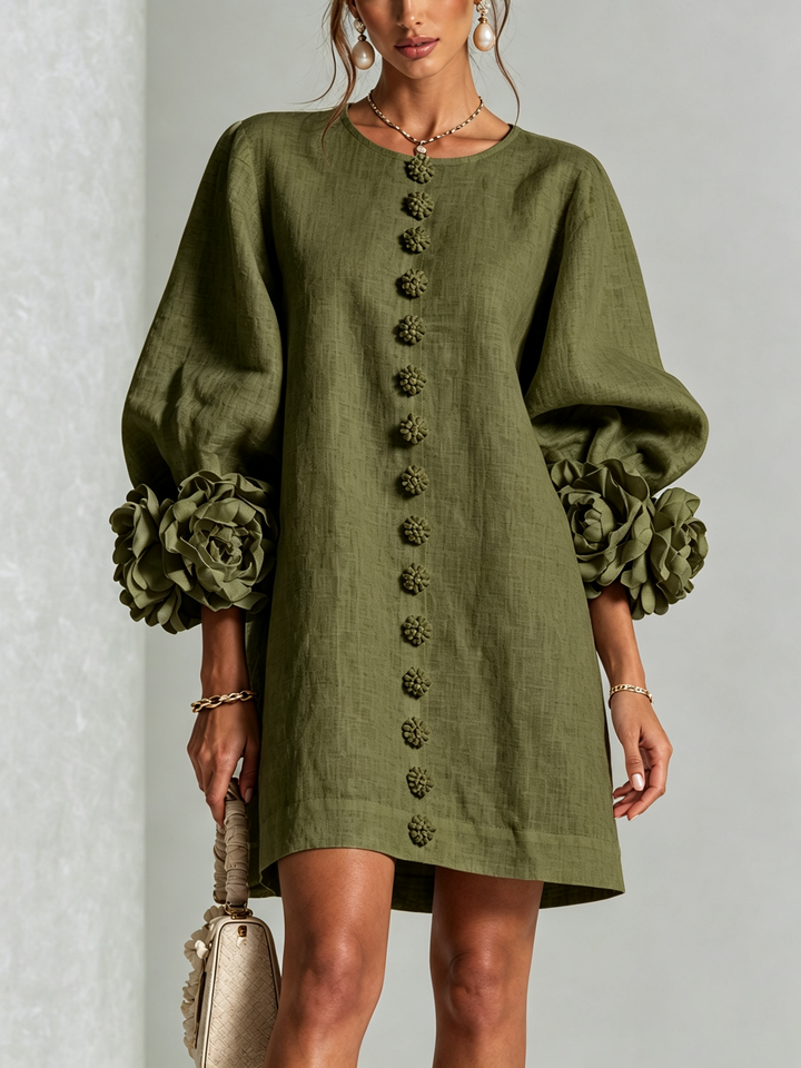 Olive Green Floral Shirt Mini Dress with Dramatic Floral Cuffs