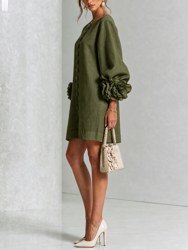 Olive Green Floral Shirt Mini Dress with Dramatic Floral Cuffs