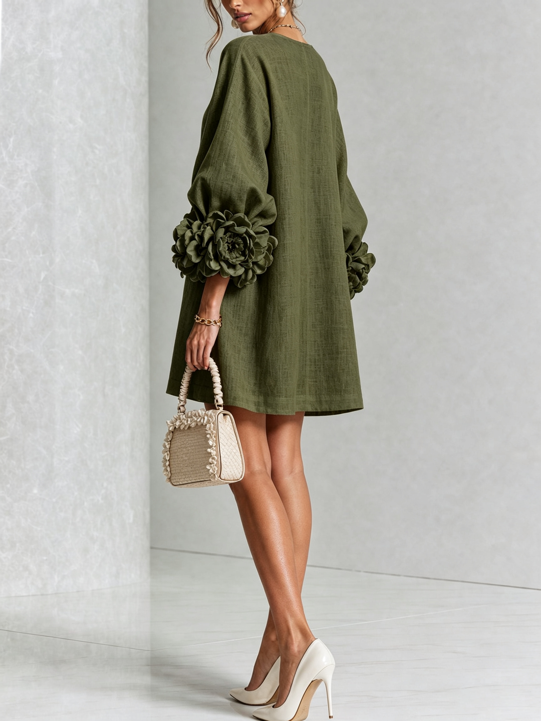 Olive Green Floral Shirt Mini Dress with Dramatic Floral Cuffs