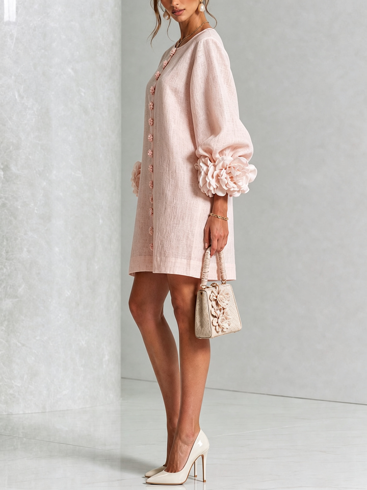 White Mini Dress with Floral Buttons and Dramatic Floral Sleeves