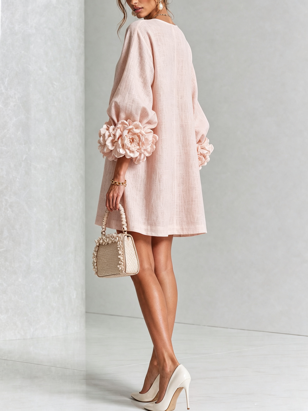 White Mini Dress with Floral Buttons and Extravagant Floral Sleeves
