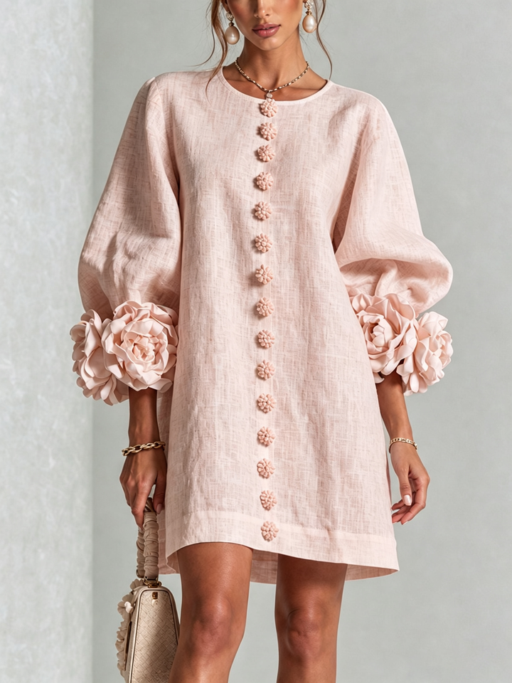 White Mini Dress with Floral Buttons and Extravagant Floral Sleeves