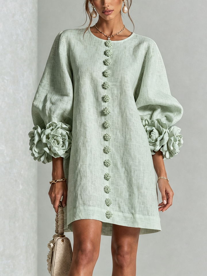 White Mini Dress with Floral Buttons and Dramatic Floral Sleeves