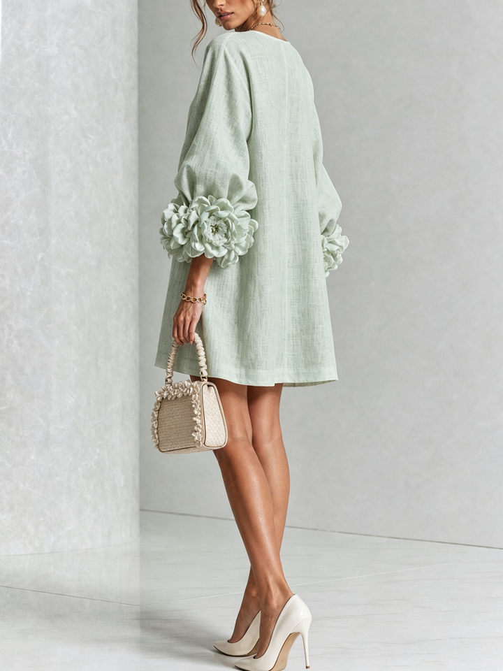 White Mini Dress with Floral Buttons and Dramatic Floral Sleeves