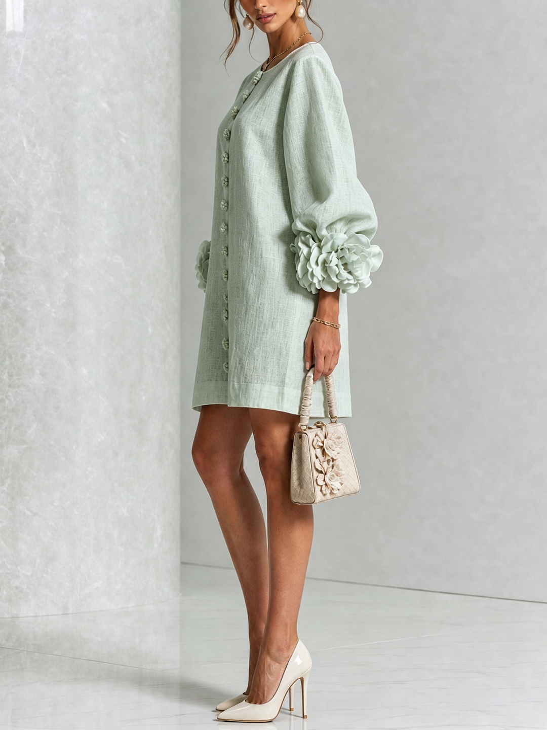 White Mini Dress with Floral Buttons and Dramatic Floral Sleeves