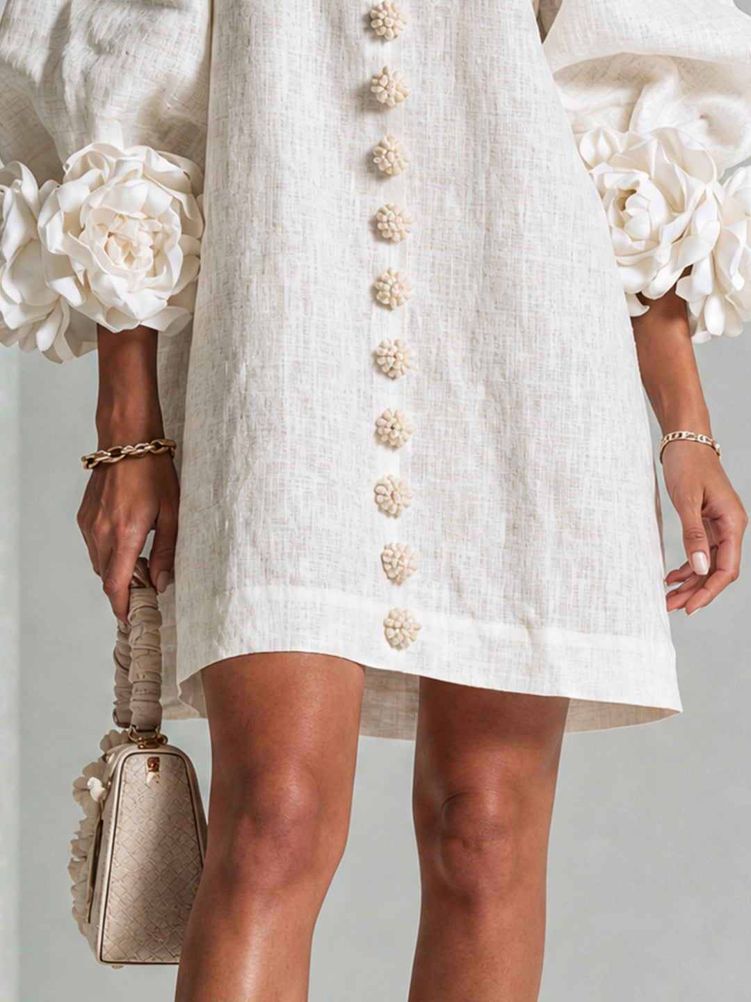 White Mini Dress with Floral Buttons and Dramatic Floral Sleeves
