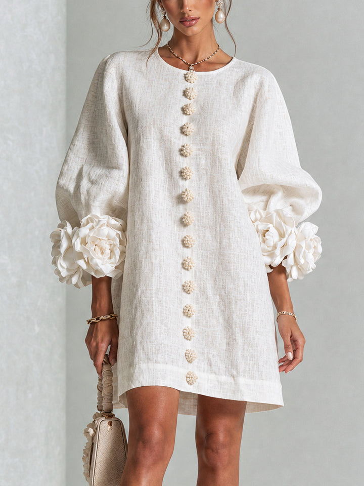 White Mini Dress with Floral Buttons and Extravagant Floral Sleeves