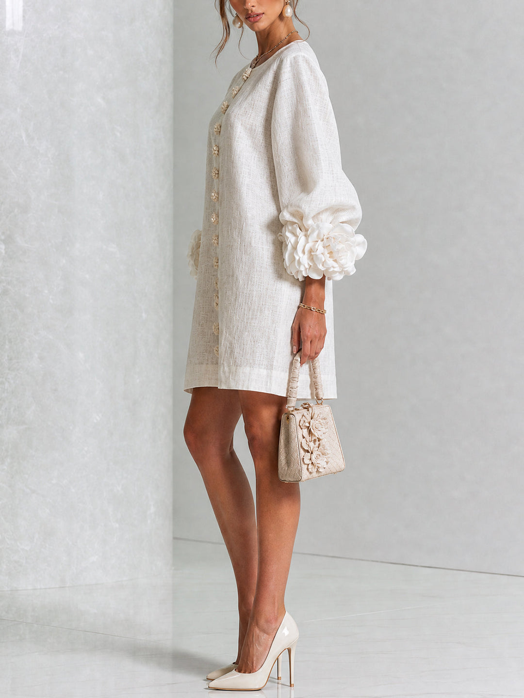 White Mini Dress with Floral Buttons and Extravagant Floral Sleeves