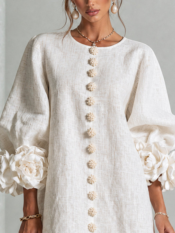 White Mini Dress with Floral Buttons and Extravagant Floral Sleeves