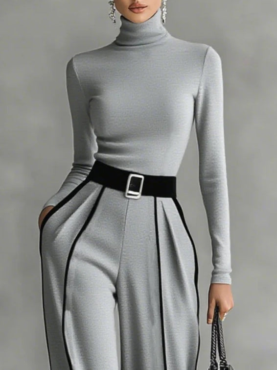 Karyssa - Turtle Neck Top and Wide-Leg Pants with Belt