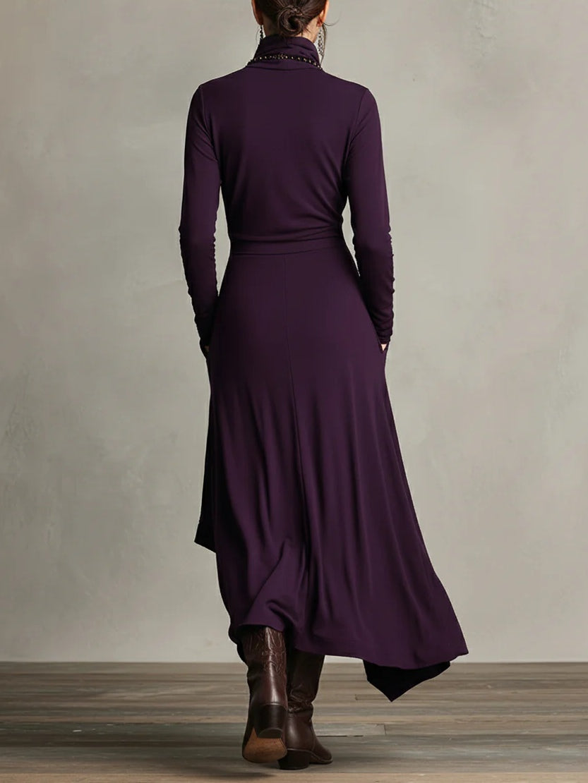 Solmira | Asymmetrical Pleated Maxi Dress with High Neck