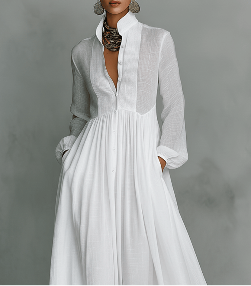 Emma & Rose Manhattan Serena™ flowing button-front maxi dress shown in soft fabric with flowing design and button details.
