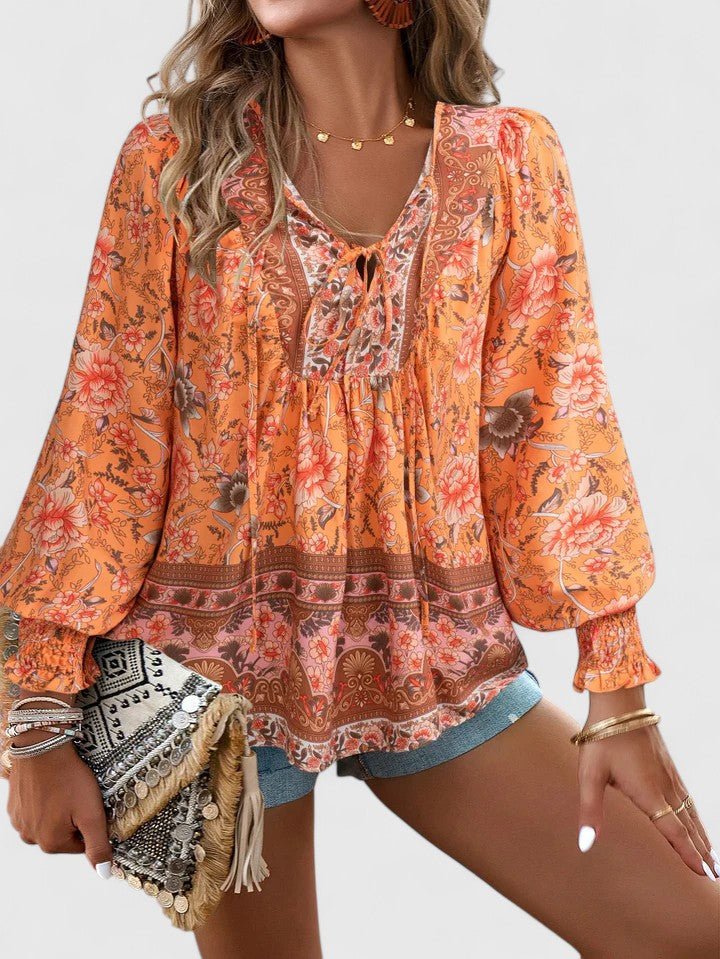 Sofia | Boho Blouse V-Neck Puff Sleeves Floral Print