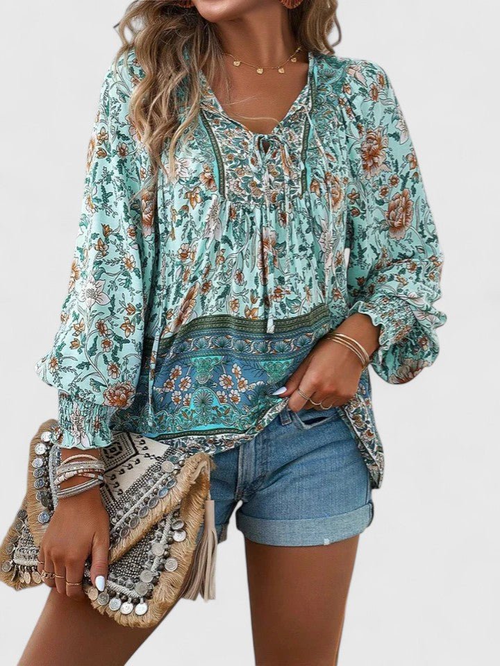 Sofia | Boho Blouse V-Neck Puff Sleeves Floral Print