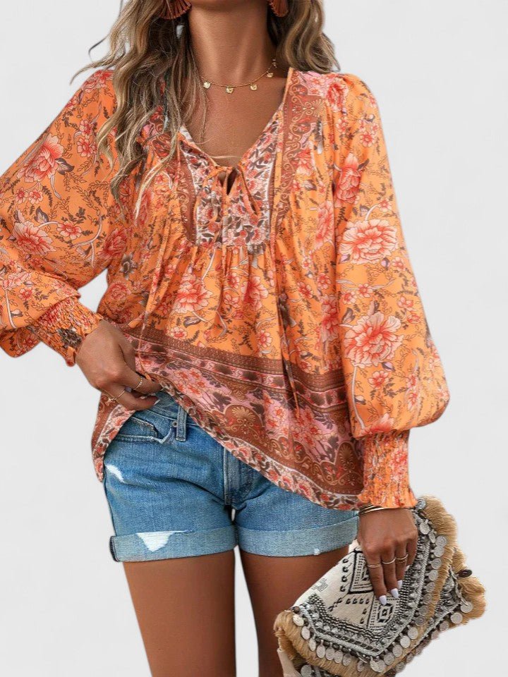 Sofia | Boho Blouse V-Neck Puff Sleeves Floral Print