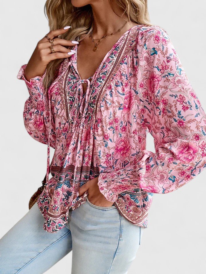 Sofia | Boho Blouse V-Neck Puff Sleeves Floral Print
