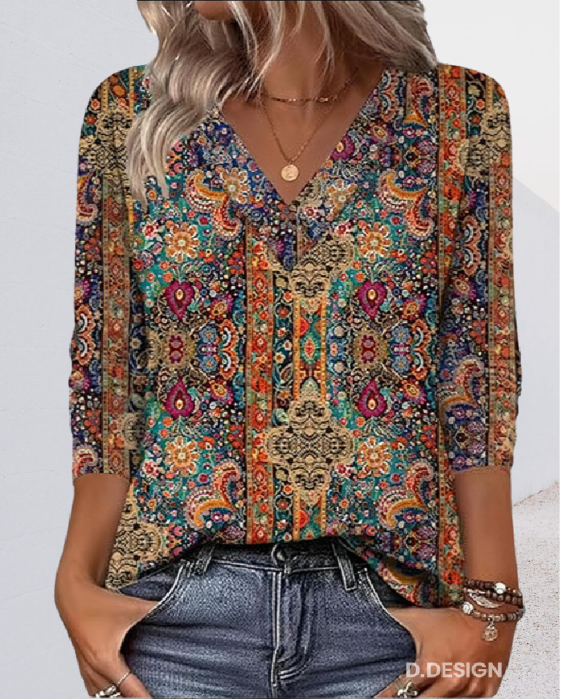 Retro Printed Blouse V-Neck