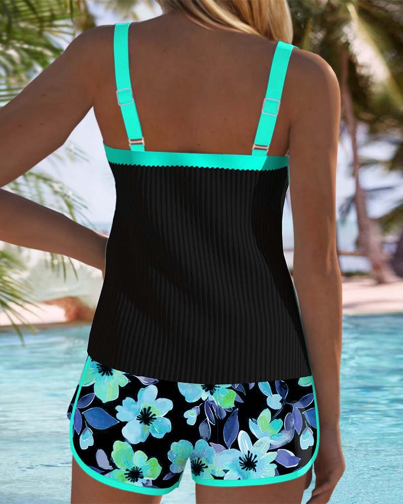Nora | Women's Black Ribbed Tankini Set with Tummy Control