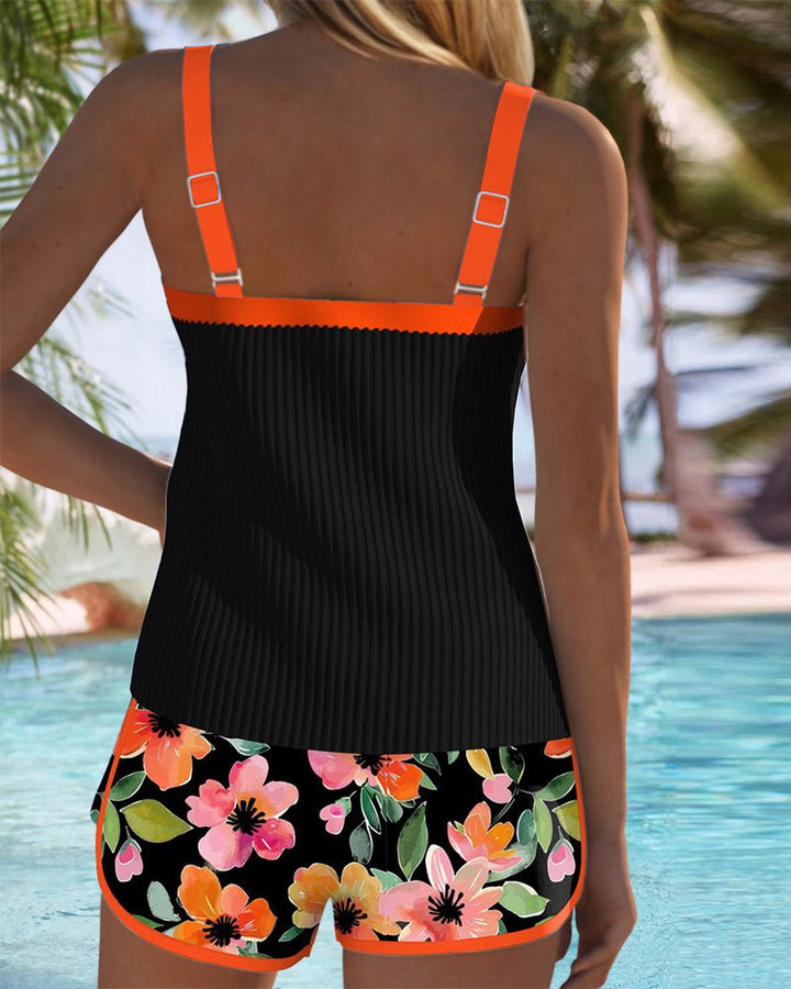 Nora | Women's Black Ribbed Tankini Set with Tummy Control
