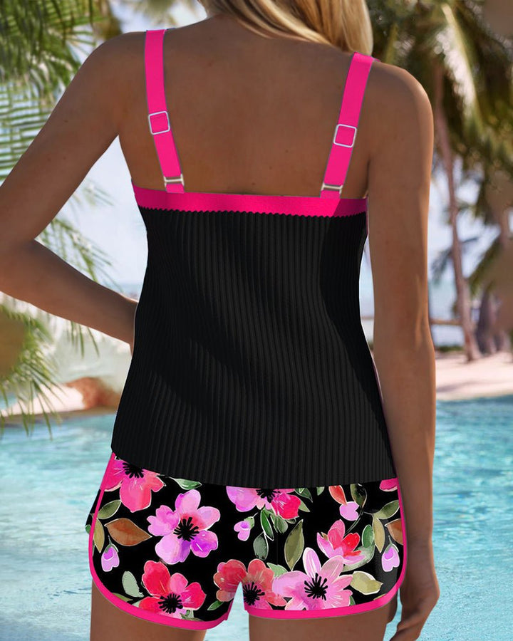 Nora | Women's Black Ribbed Tankini Set with Tummy Control