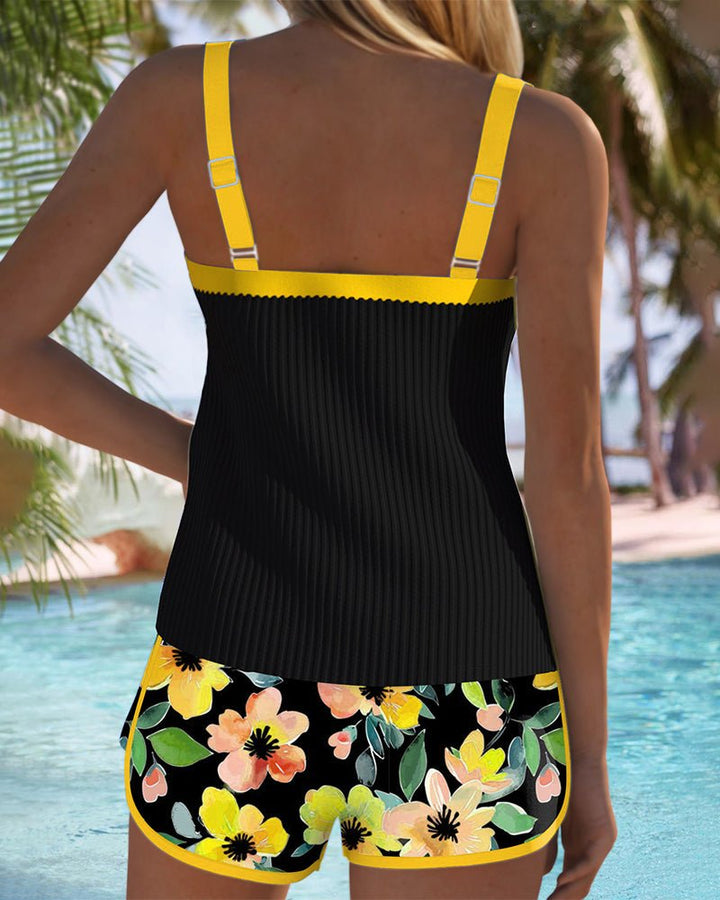 Nora | Women's Black Ribbed Tankini Set with Tummy Control