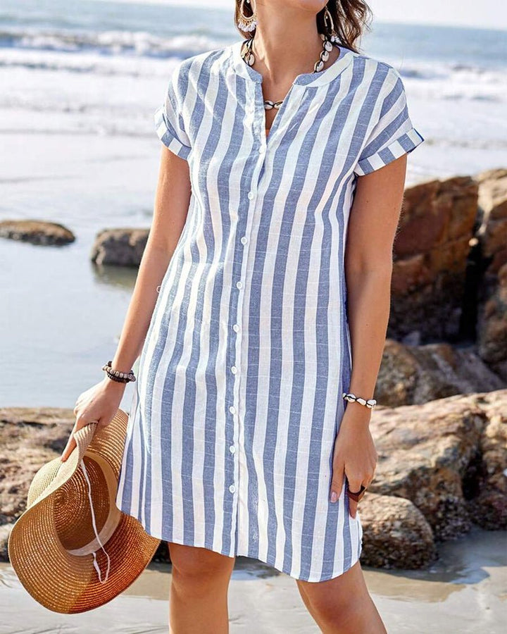 Isabella | Women's Striped Linen Shirt Dress Button Front Short Sleeves