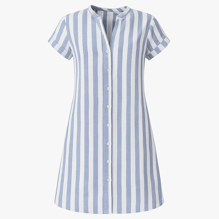 Isabella | Women's Striped Linen Shirt Dress Button Front Short Sleeves