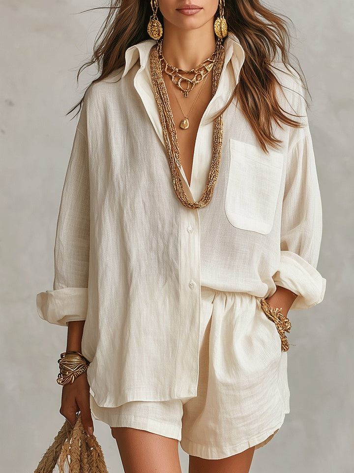 Emilia | Women's Oversized Linen Shirt Blouse and Shorts Set Two-Piece Outfit