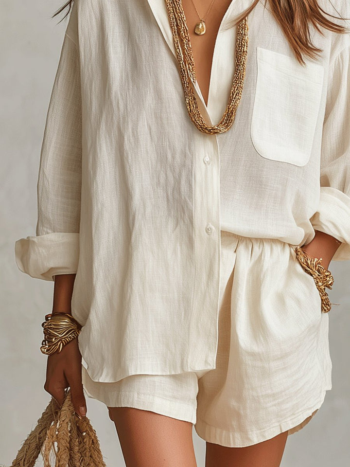 Emilia | Women's Oversized Linen Shirt Blouse and Shorts Set Two-Piece Outfit
