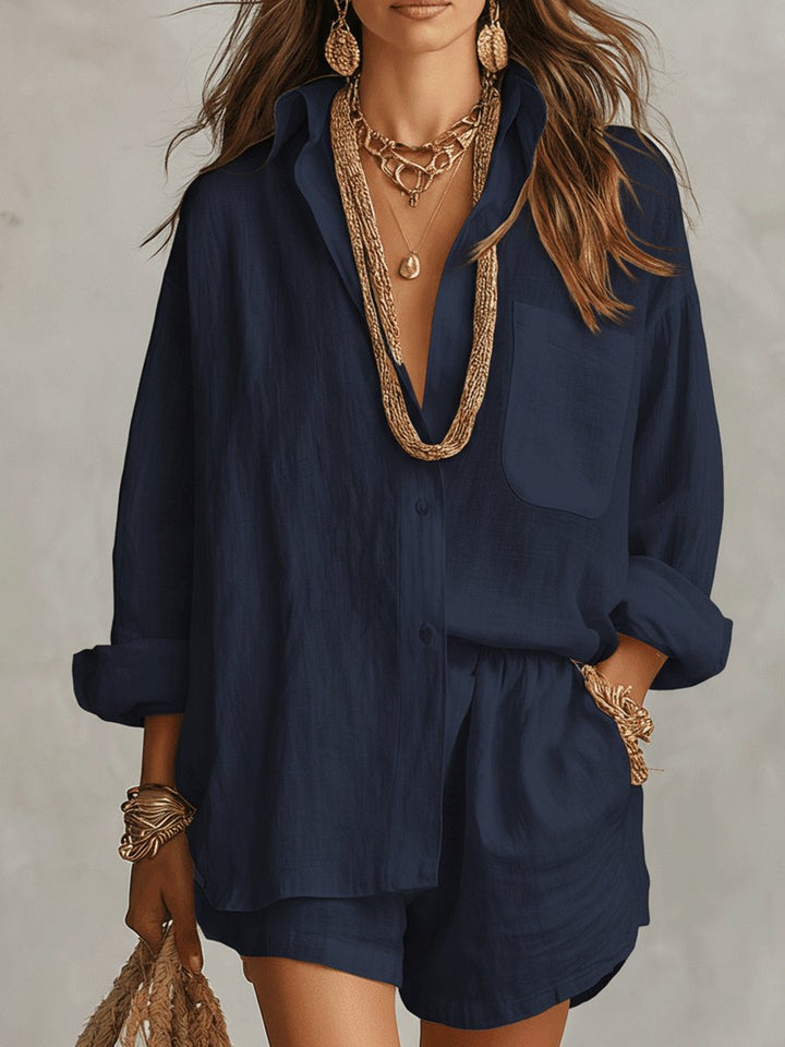 Emilia | Women's Oversized Linen Shirt Blouse and Shorts Set Two-Piece Outfit