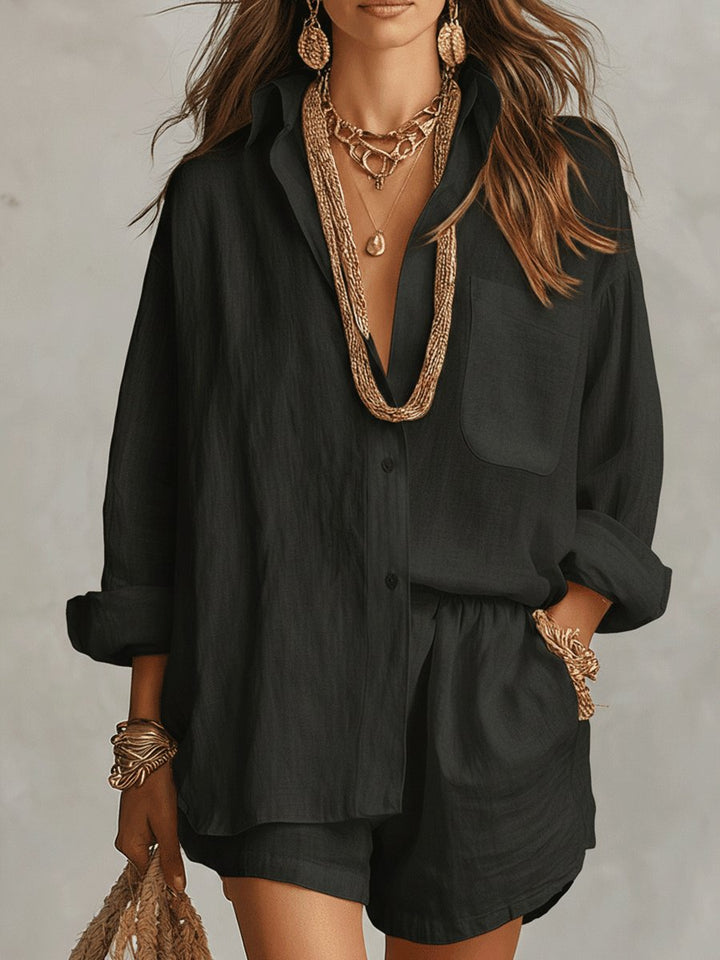Emilia | Women's Oversized Linen Shirt Blouse and Shorts Set Two-Piece Outfit