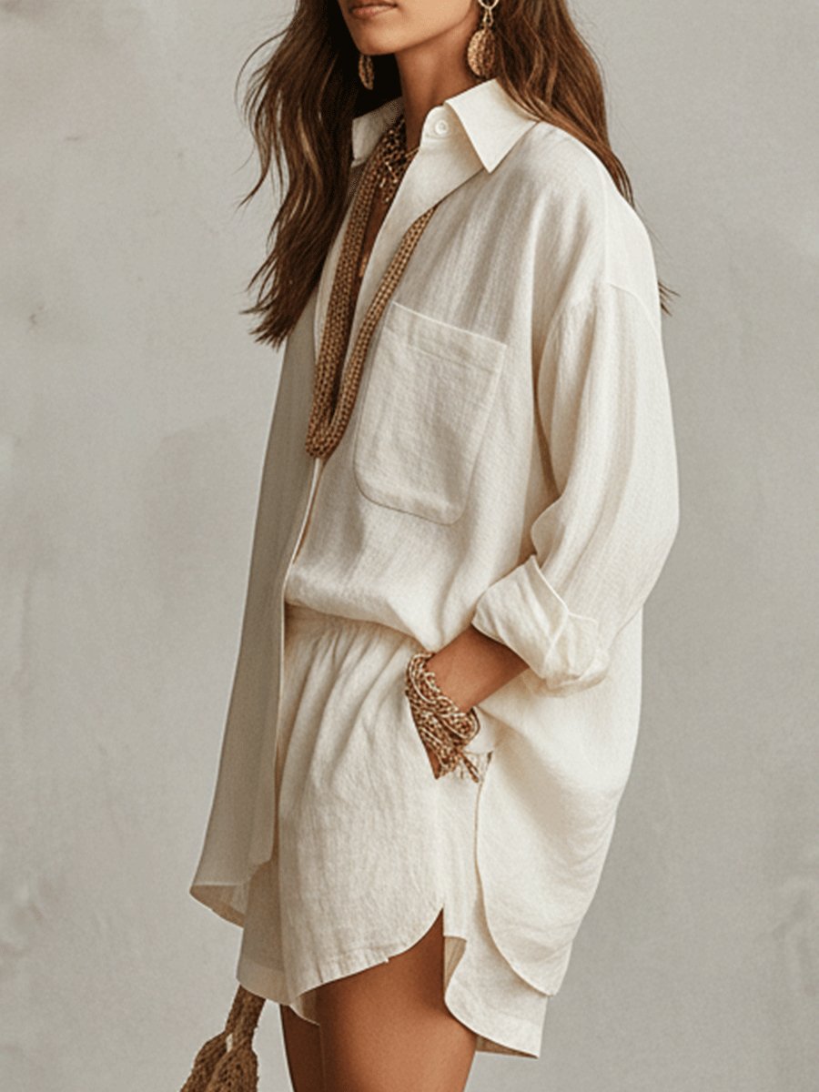 Emilia | Women's Oversized Linen Shirt Blouse and Shorts Set Two-Piece Outfit