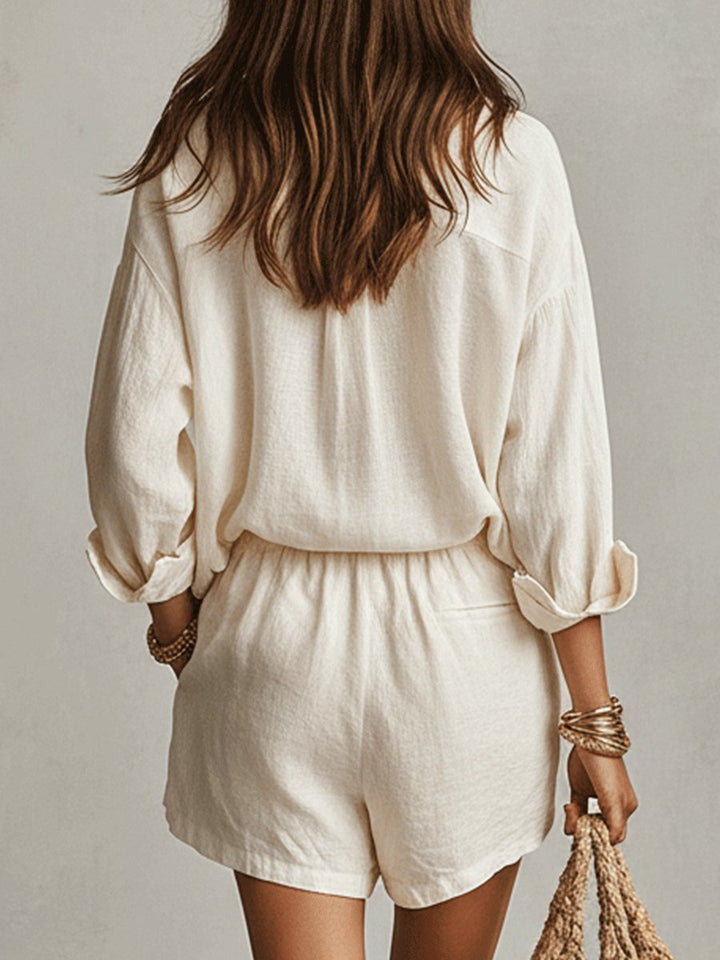 Emilia | Women's Oversized Linen Shirt Blouse and Shorts Set Two-Piece Outfit