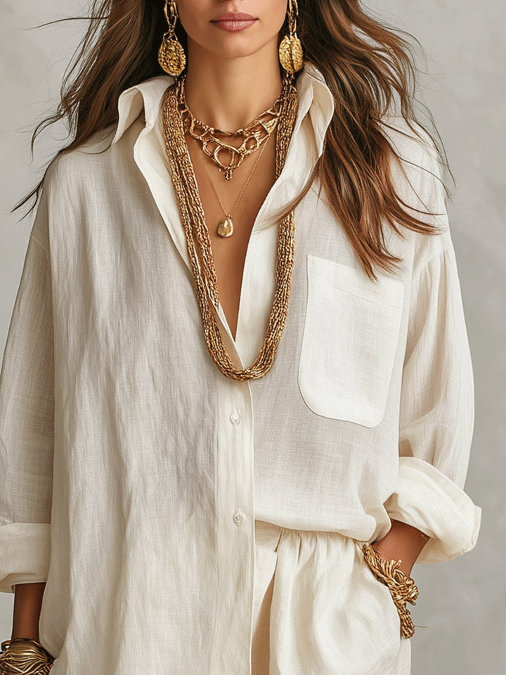 Emilia | Women's Oversized Linen Shirt Blouse and Shorts Set Two-Piece Outfit