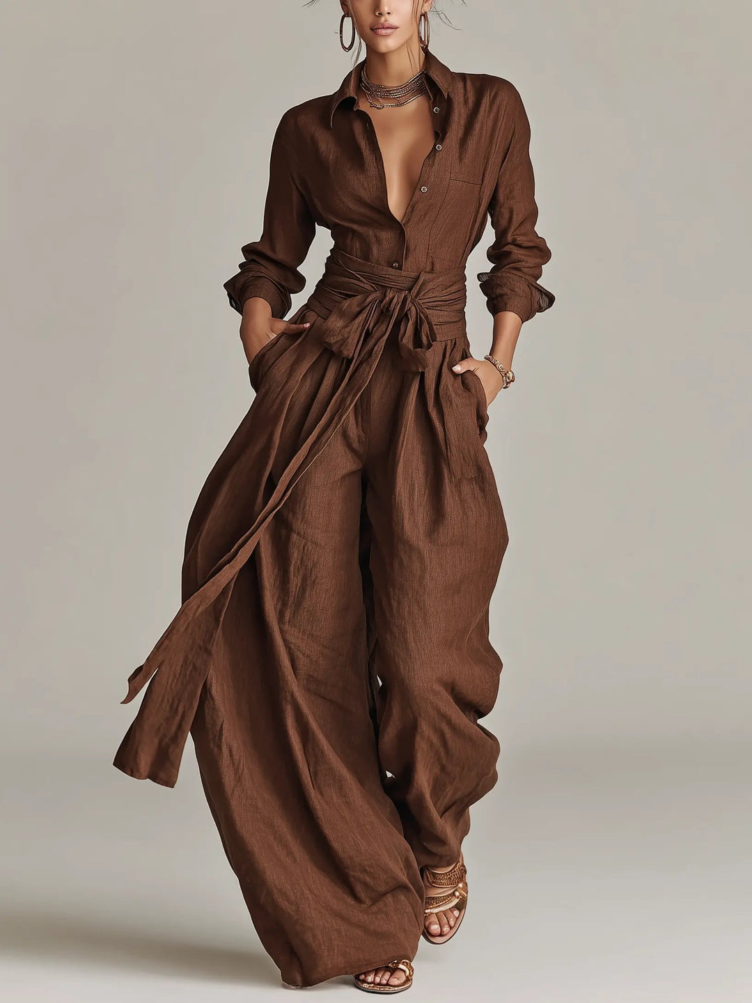 Sophie | Ladies' Linen Shirt Jumpsuit with Long Sleeves and Belt
