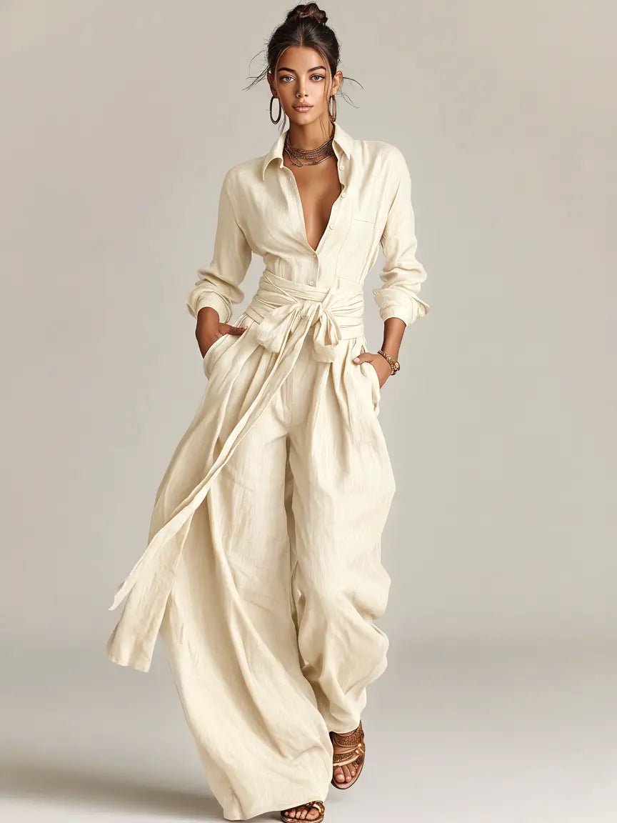 Sophie | Ladies' Linen Shirt Jumpsuit with Long Sleeves and Belt