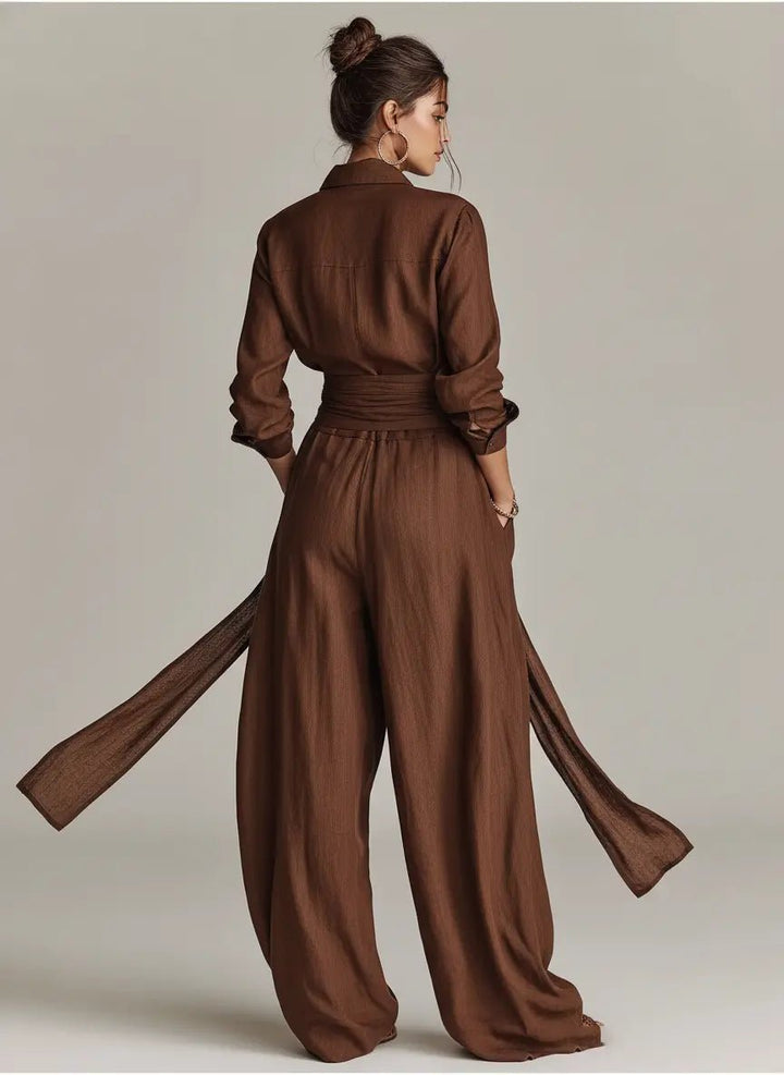 Sophie | Ladies' Linen Shirt Jumpsuit with Long Sleeves and Belt