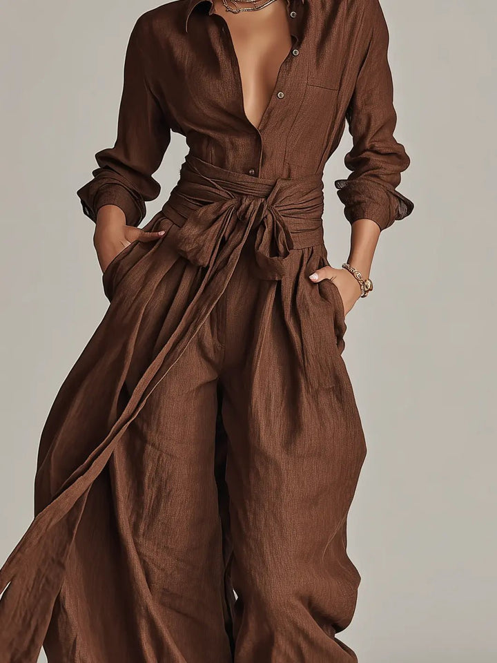 Sophie | Ladies' Linen Shirt Jumpsuit with Long Sleeves and Belt