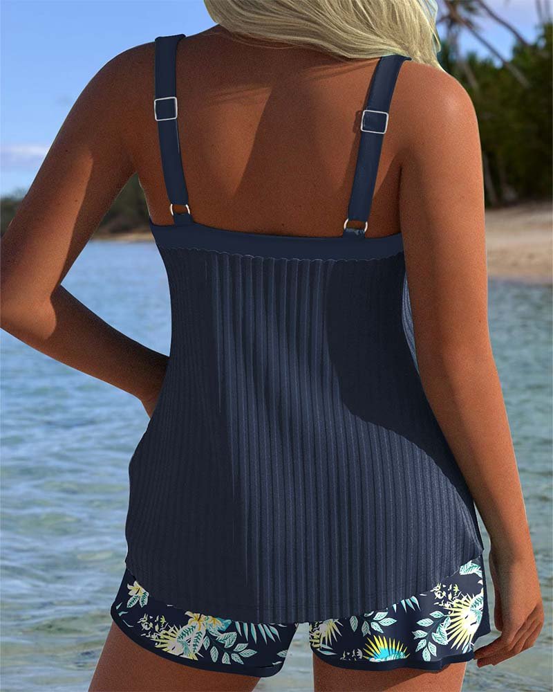 Olivia | Women's Two-piece Set Tankini Striped Swim Shorts Floral Print