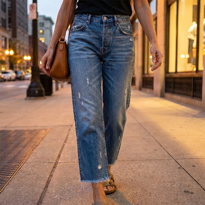 Emma & Rose Cape Town Aberjean retro cropped straight jeans in classic blue, showcasing a high-waisted fit and distressed details.