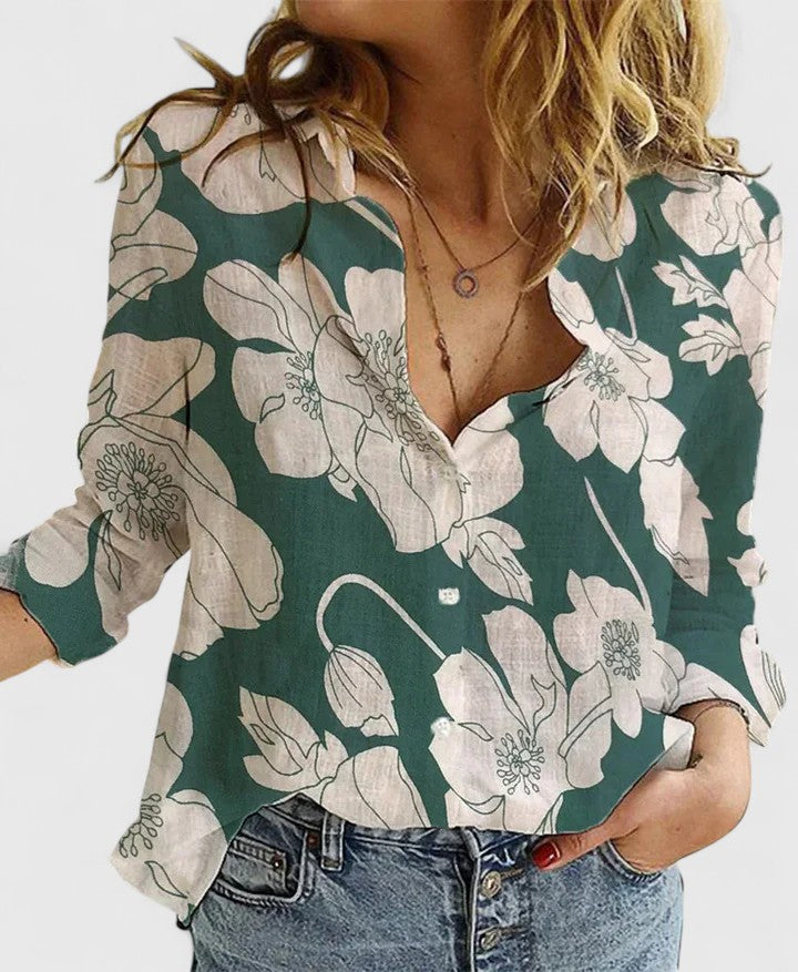 Stella | Ladies Linen V-Neck Button Blouse