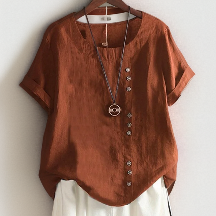 Joline┃T-shirt with Round Neck and Buttons