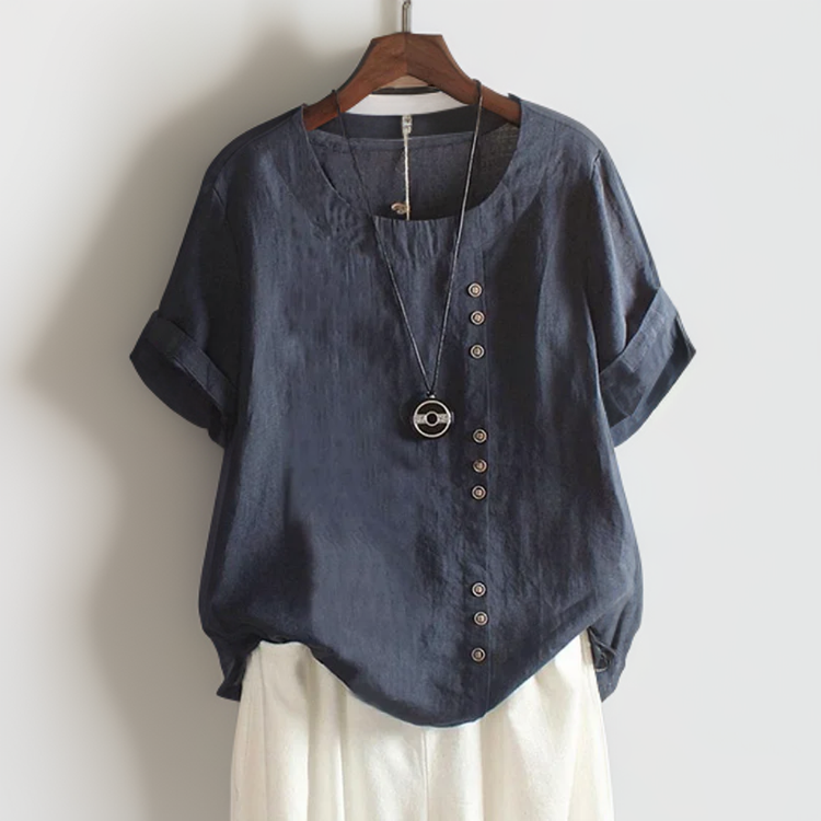 Joline┃T-shirt with Round Neck and Buttons