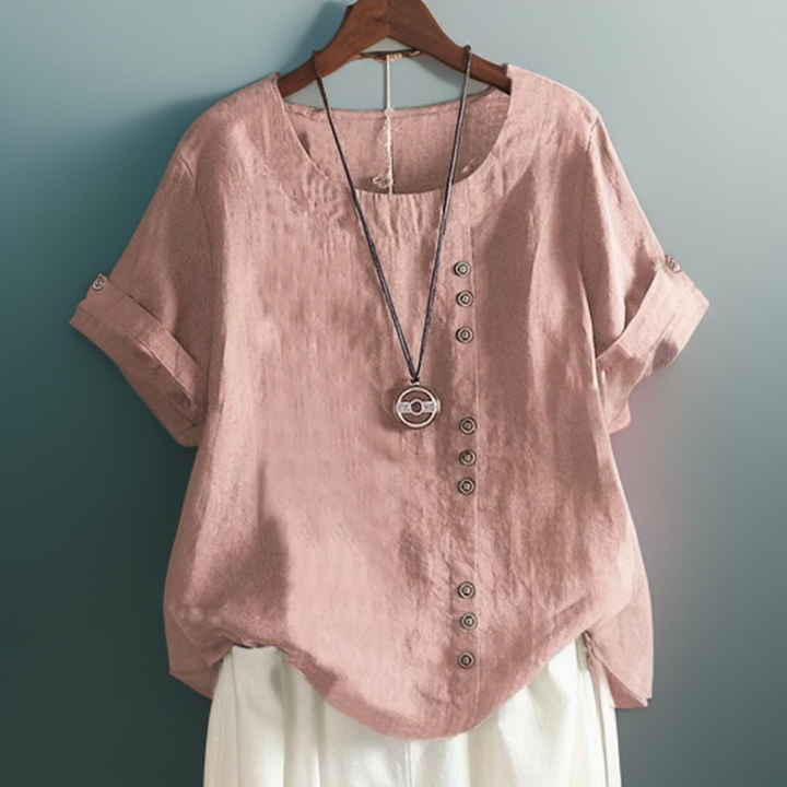 Joline┃T-shirt with Round Neck and Buttons