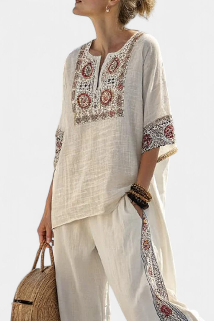 Tameric | Sophisticated Embroidered Raw Blouse & Wide Pants