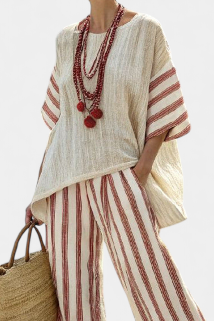 Braelith | Elegant Rustic Striped Top & Cream Linen Pants