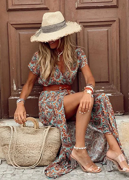 Clara | Women's Boho Printed Short Sleeve Maxi Dress