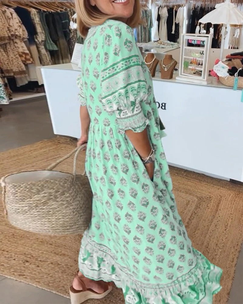 Elizabeth | Women's Boho Printed Tassel Tie Midi Dress