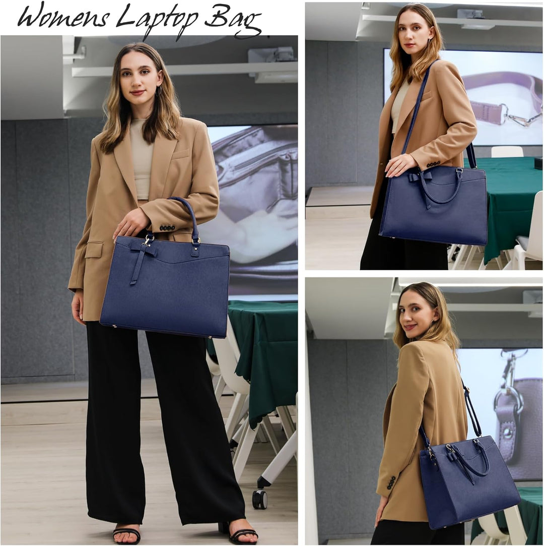 Waterproof PU Leather Laptop Tote Bag with Multi-Pocket Design for Women