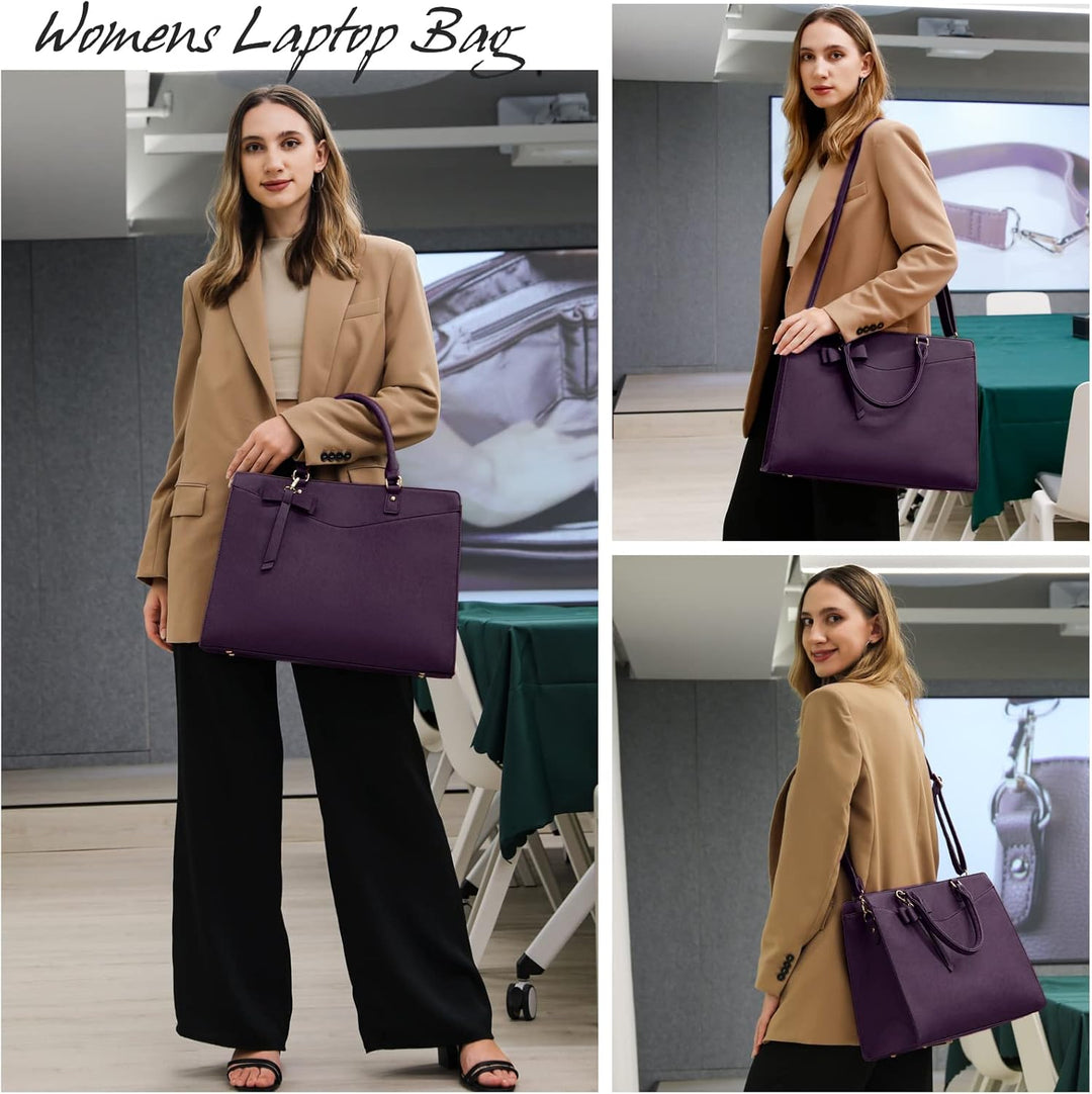 Waterproof PU Leather Laptop Tote Bag with Multi-Pocket Design for Women